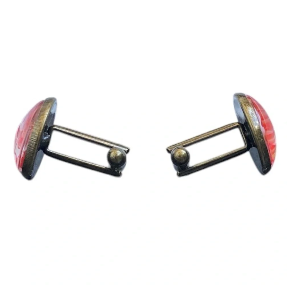 Hand Crafted Red Gold Fluid Art Cufflinks Glass Cabochon Men’s Gift